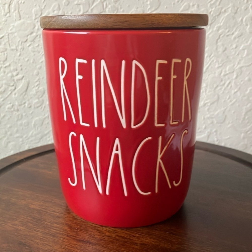 Rae Dunn: Red “Reindeer Snacks” Container with lid
